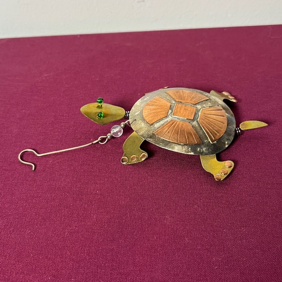 Vintage Brass Copper Silver Metal Turtle w Green Bead Eyes Ornament - Picture 4 of 6
